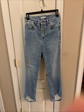 Good American Light Blue distressed High-Rise Button-Fly Jeans